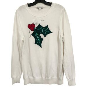 White Long Sleeve Mistletoe Sweater L